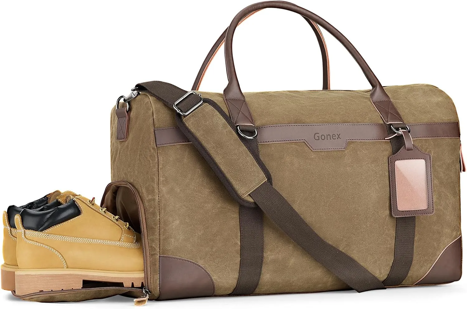 Gonex Waxed Canvas Duffle Bag for Travel, Water-resistant Vintage 55L Duffel Weekender with Shoes Compartment & Luggage Tag, Heavy-duty Overnight Bag with Suitcase Handle Sleeve for Men, Coffee