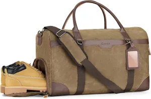 Gonex Waxed Canvas Duffle Bag for Travel, Water-resistant Vintage 55L Duffel Weekender with Shoes Compartment & Luggage Tag, Heavy-duty Overnight Bag with Suitcase Handle Sleeve for Men, Coffee