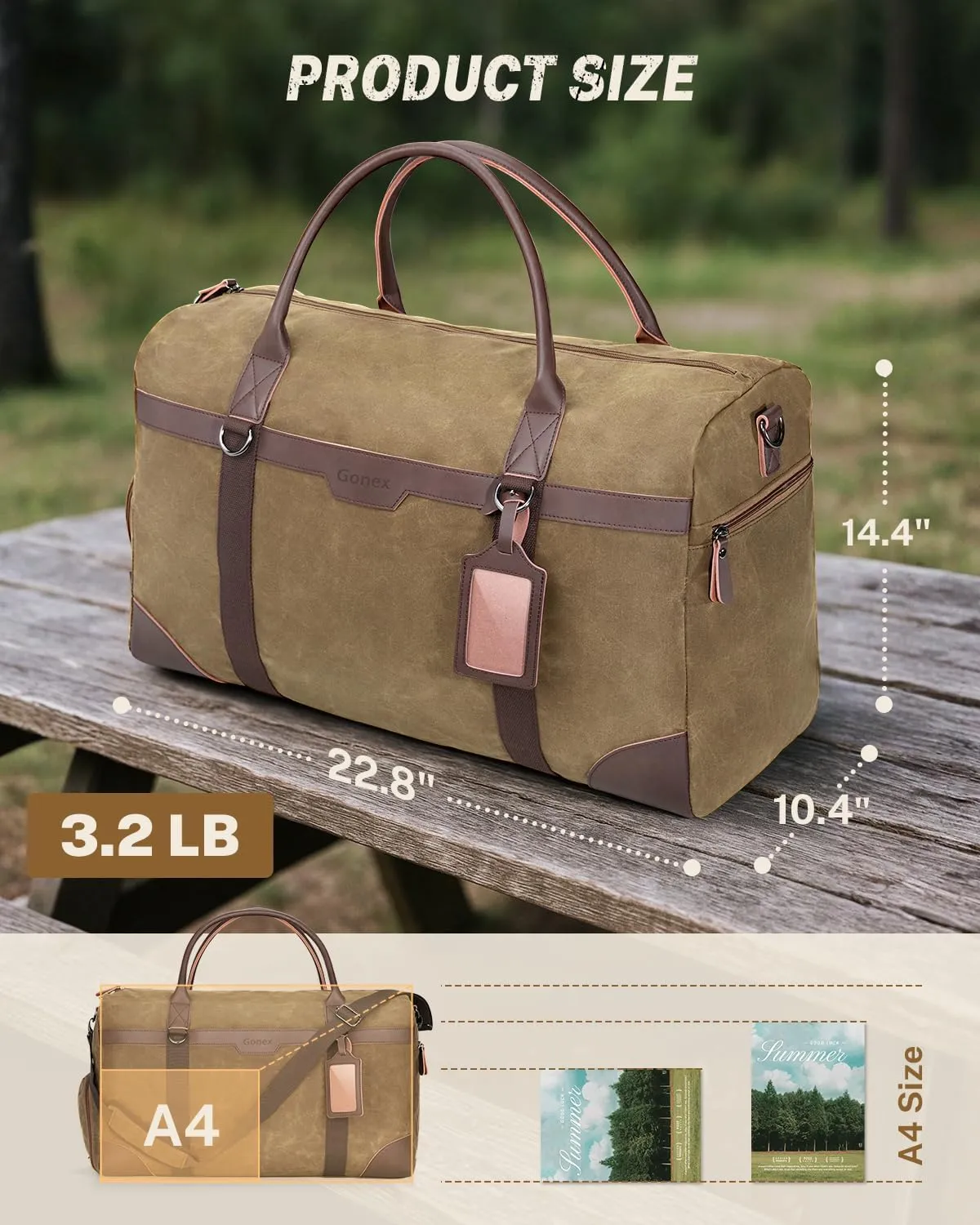 Gonex Waxed Canvas Duffle Bag for Travel, Water-resistant Vintage 55L Duffel Weekender with Shoes Compartment & Luggage Tag, Heavy-duty Overnight Bag with Suitcase Handle Sleeve for Men, Coffee