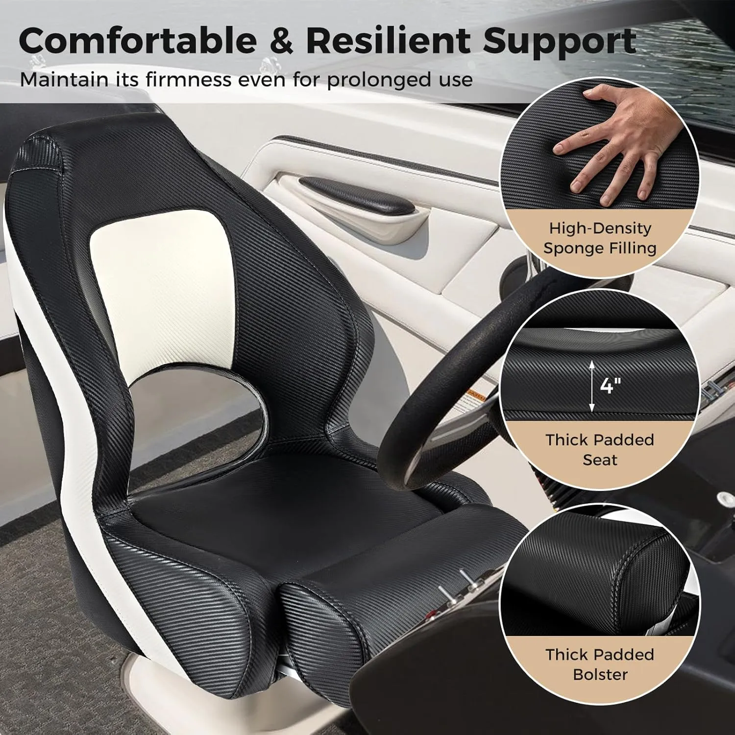 Goplus Sports Flip Up Boat Seat, Captain Bucket Seat w/Thick Sponge Bolster & Waterproof PVC Leather Upholstery, Curve Armrest & Aluminum Hinges, High Back Fishing Boat Chair (1 Pack Black & White)