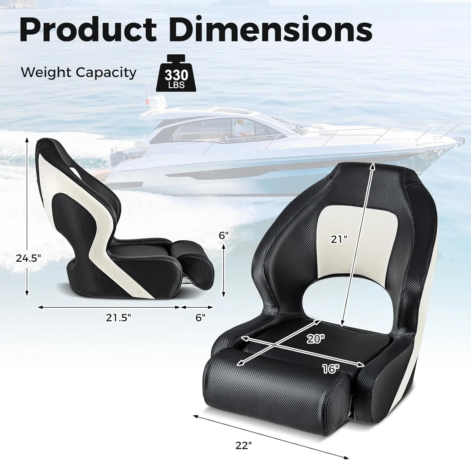 Goplus Sports Flip Up Boat Seat, Captain Bucket Seat w/Thick Sponge Bolster & Waterproof PVC Leather Upholstery, Curve Armrest & Aluminum Hinges, High Back Fishing Boat Chair (1 Pack Black & White)