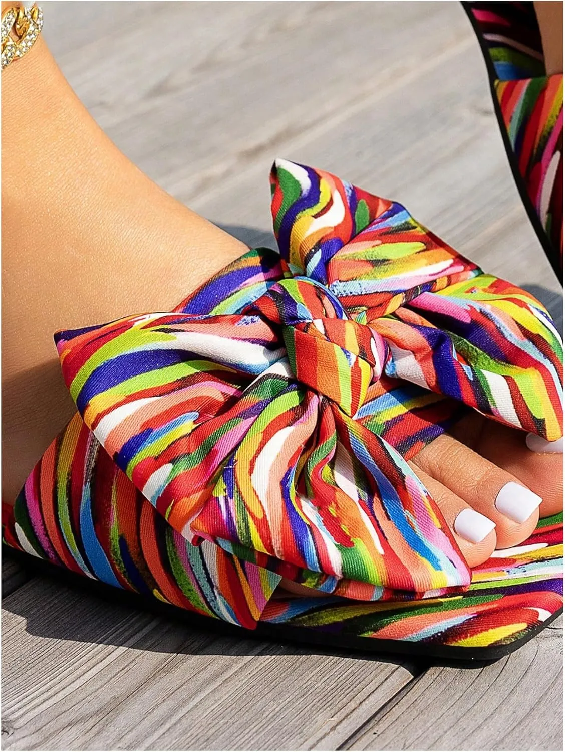 GORGLITTER Women's Bow Cute Trendy Sandals 2025 Graphic Print Dressy Open Square Toe Summer Slide Flat Sandals