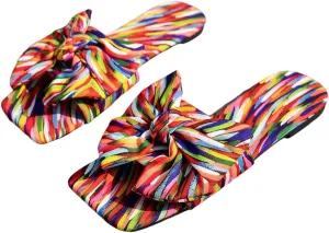 GORGLITTER Women's Bow Cute Trendy Sandals 2025 Graphic Print Dressy Open Square Toe Summer Slide Flat Sandals