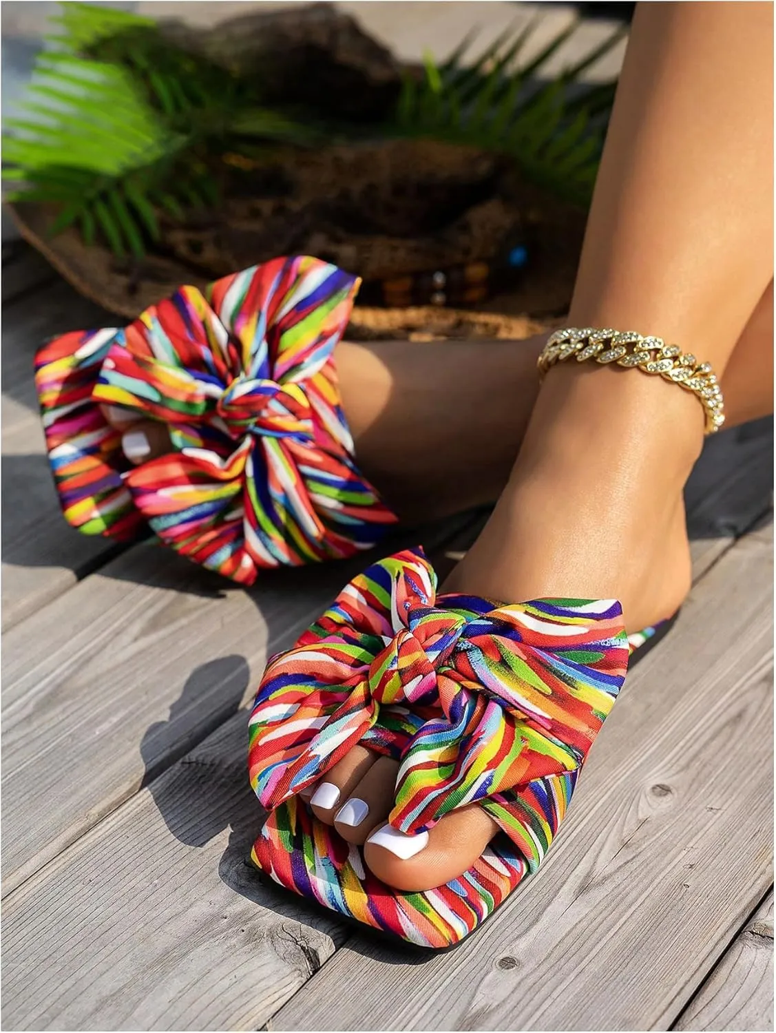 GORGLITTER Women's Bow Cute Trendy Sandals 2025 Graphic Print Dressy Open Square Toe Summer Slide Flat Sandals