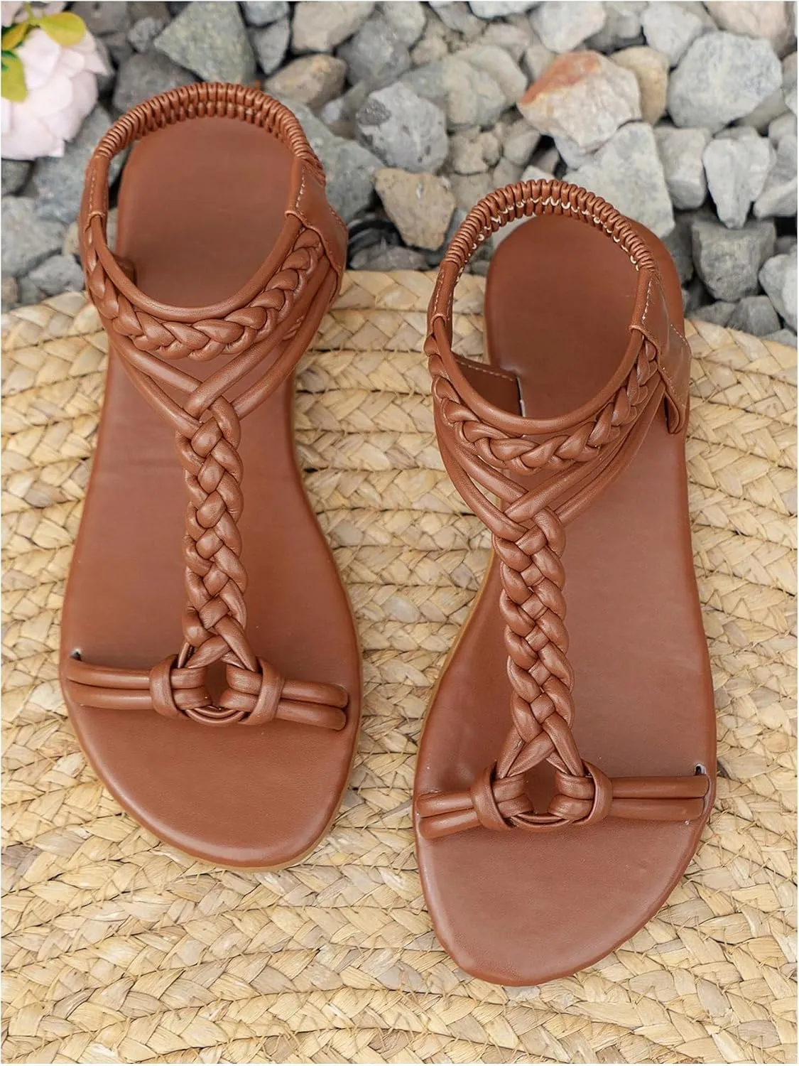 GORGLITTER Women's Braided Strappy Open Toe Flats Pu Leather Dressy Sandals Slingback Slide Sandals