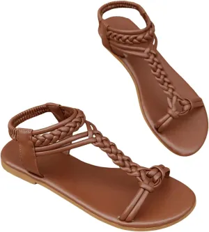 GORGLITTER Women's Braided Strappy Open Toe Flats Pu Leather Dressy Sandals Slingback Slide Sandals