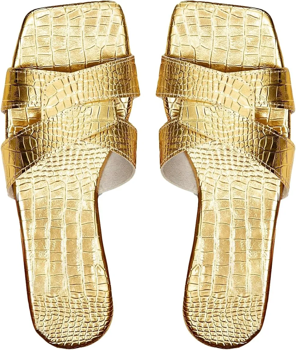 GORGLITTER Women's Crocodile Embossed Flat Sandals Cross Strappy Open Toe Slide Sandals