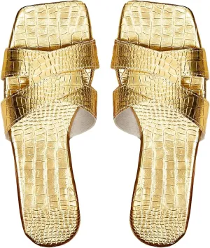 GORGLITTER Women's Crocodile Embossed Flat Sandals Cross Strappy Open Toe Slide Sandals