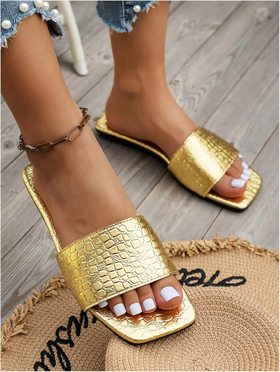 GORGLITTER Women's Metallic Flat Sandals Square Open Toe Summer Dressy Slip on Slide Sandals