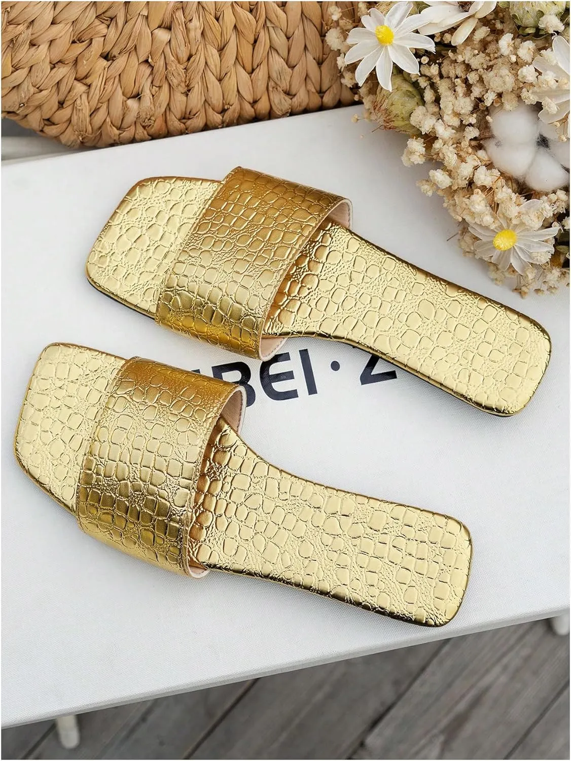 GORGLITTER Women's Metallic Flat Sandals Square Open Toe Summer Dressy Slip on Slide Sandals