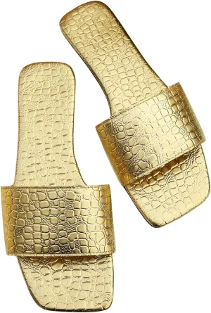 GORGLITTER Women's Metallic Flat Sandals Square Open Toe Summer Dressy Slip on Slide Sandals