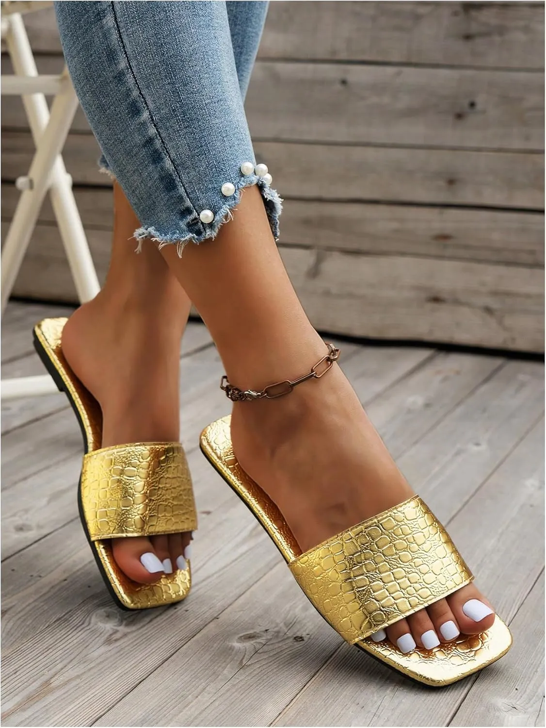 GORGLITTER Women's Metallic Flat Sandals Square Open Toe Summer Dressy Slip on Slide Sandals