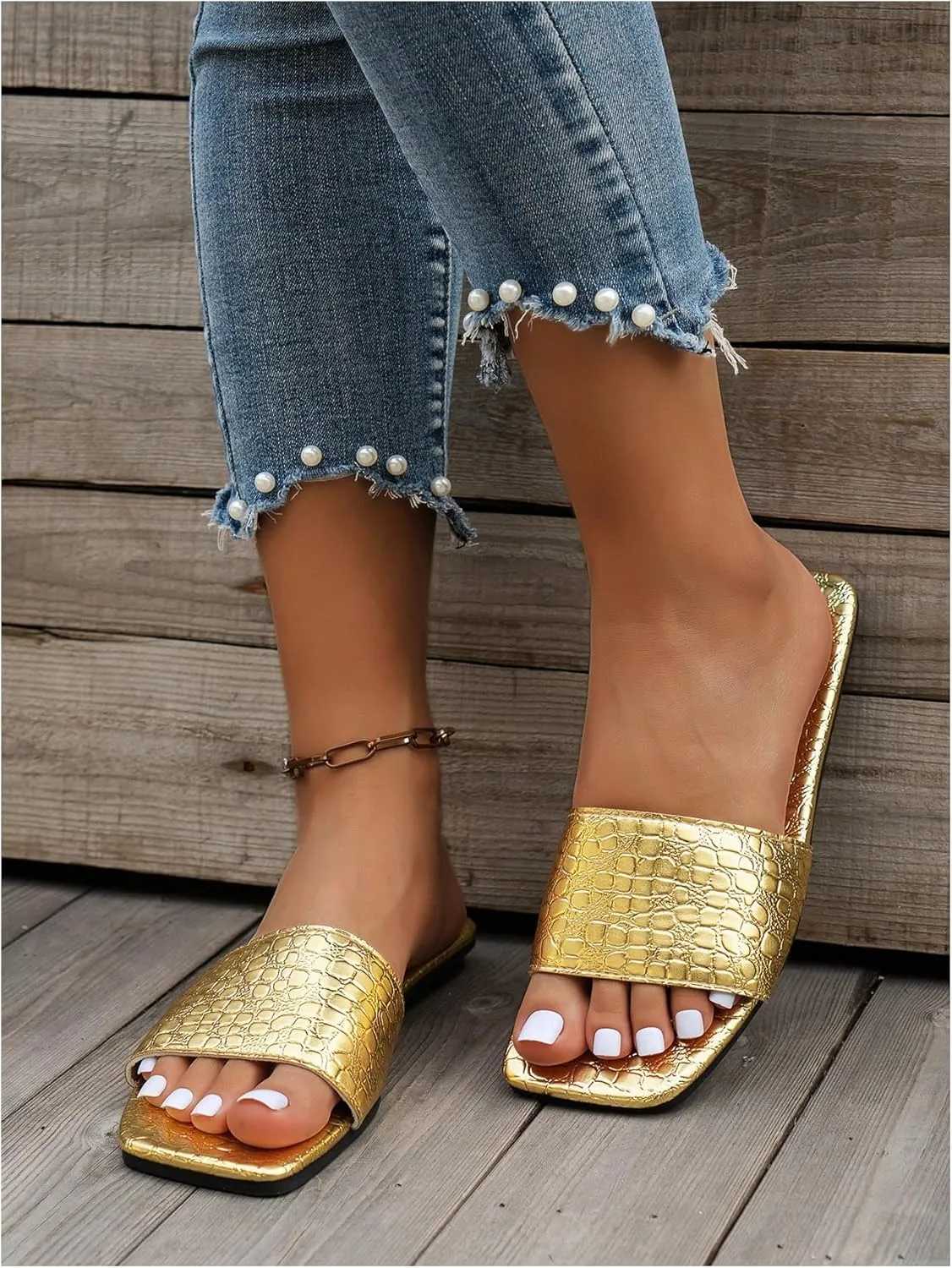 GORGLITTER Women's Metallic Flat Sandals Square Open Toe Summer Dressy Slip on Slide Sandals