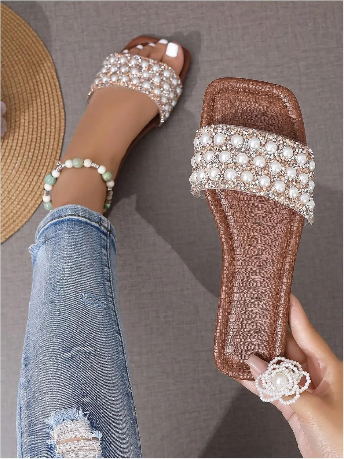 GORGLITTER Women's Pearls Flat Sandals Square Open Toe Rhinestone Dressy Summer Slip on Slide Sandals