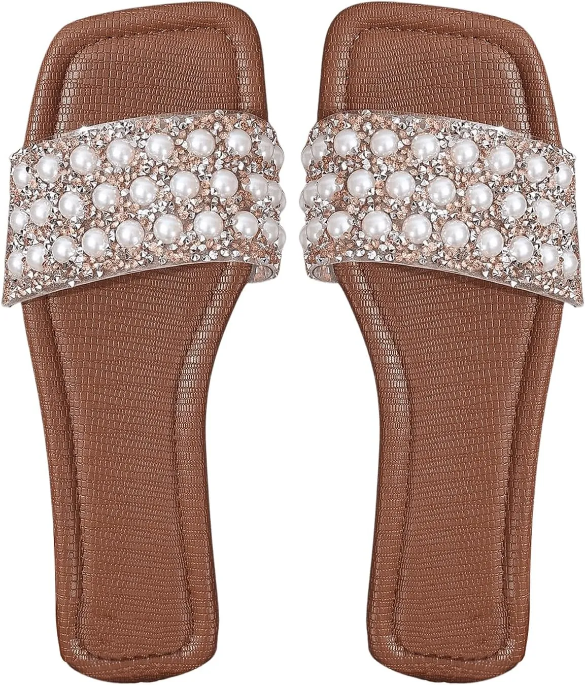 GORGLITTER Women's Pearls Flat Sandals Square Open Toe Rhinestone Dressy Summer Slip on Slide Sandals