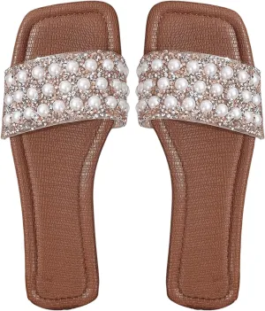 GORGLITTER Women's Pearls Flat Sandals Square Open Toe Rhinestone Dressy Summer Slip on Slide Sandals