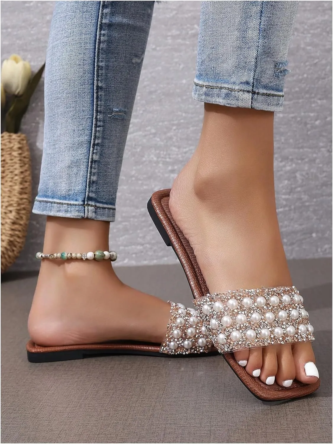 GORGLITTER Women's Pearls Flat Sandals Square Open Toe Rhinestone Dressy Summer Slip on Slide Sandals