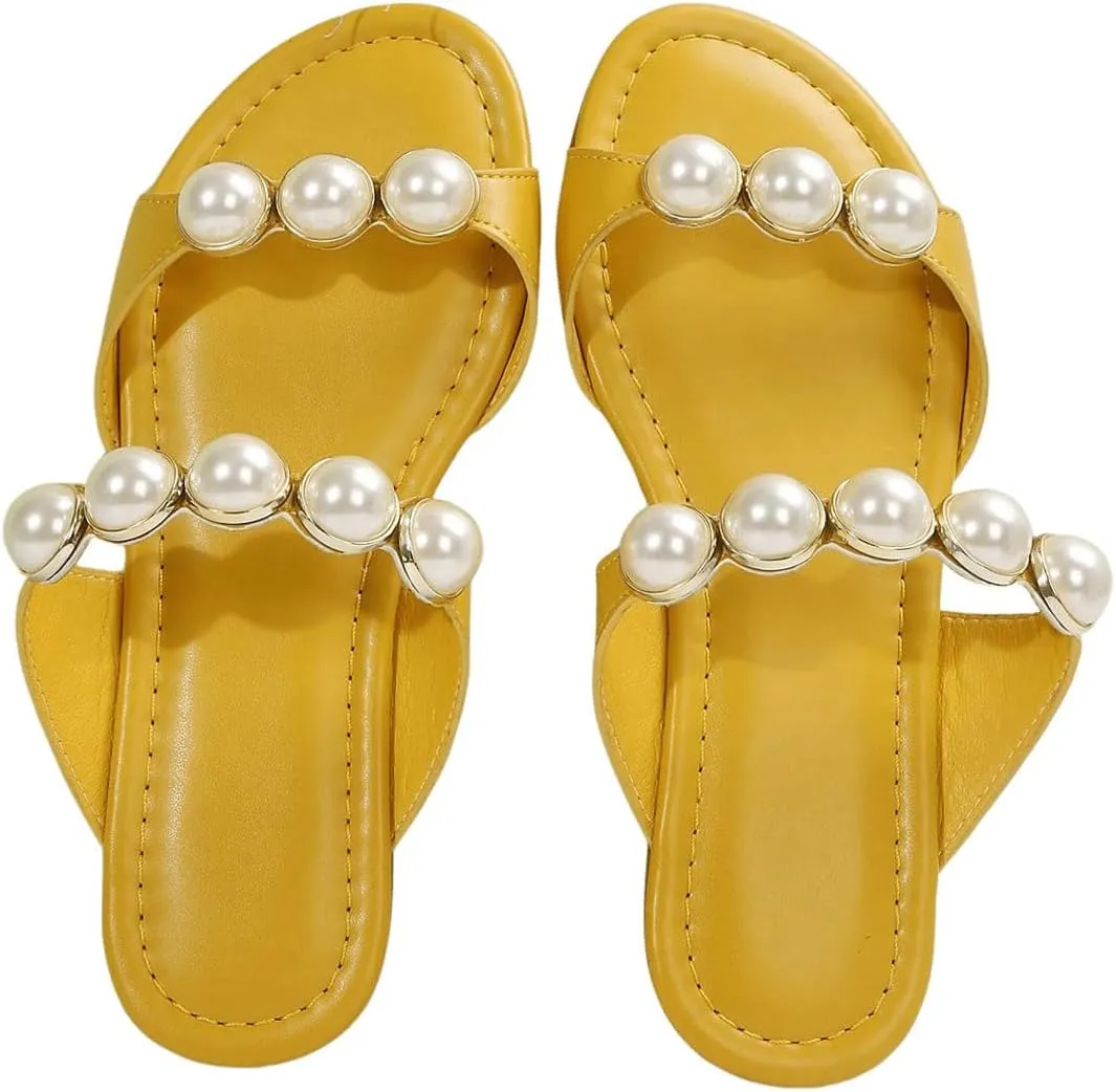 GORGLITTER Women's Pearls Flat Sandals Wedding Open Toe Beach Slide Sandals Dressy Vacation Shoes 2025