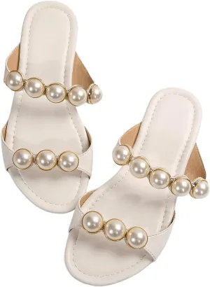 GORGLITTER Women's Pearls Flat Sandals Wedding Open Toe Beach Slide Sandals Dressy Vacation Shoes 2025