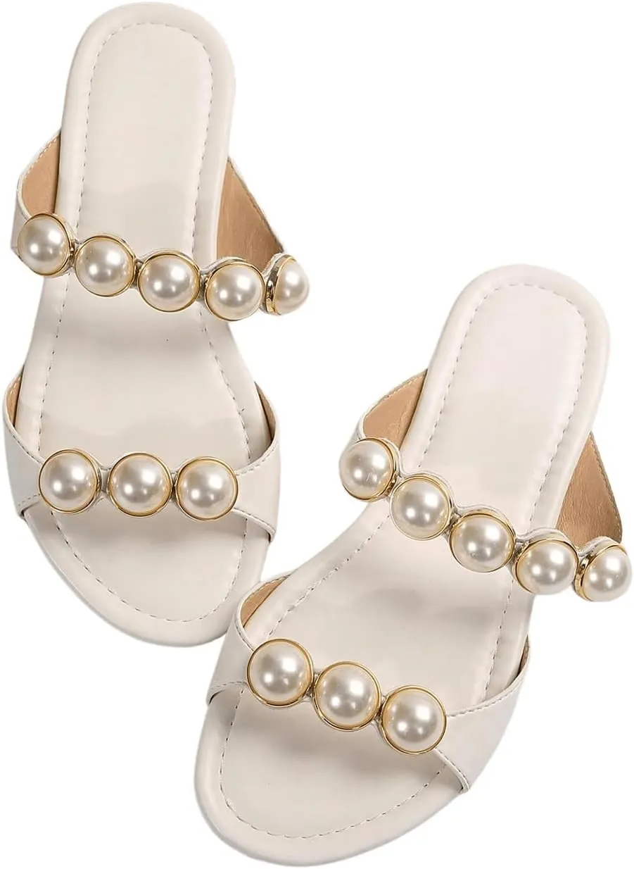 GORGLITTER Women's Pearls Flat Sandals Wedding Open Toe Beach Slide Sandals Dressy Vacation Shoes 2025