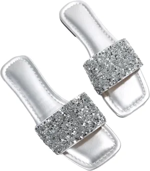 GORGLITTER Women's Rhinestone Sandals Glitter Strappy Sequin Shoes Square Toe Slide Flat Sandals