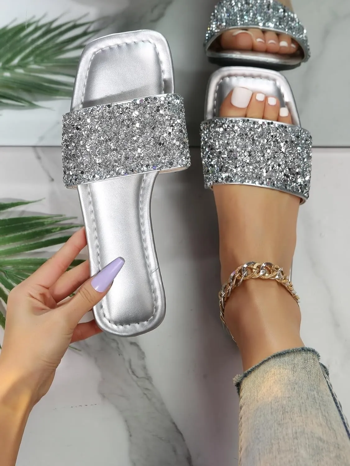 GORGLITTER Women's Rhinestone Sandals Glitter Strappy Sequin Shoes Square Toe Slide Flat Sandals