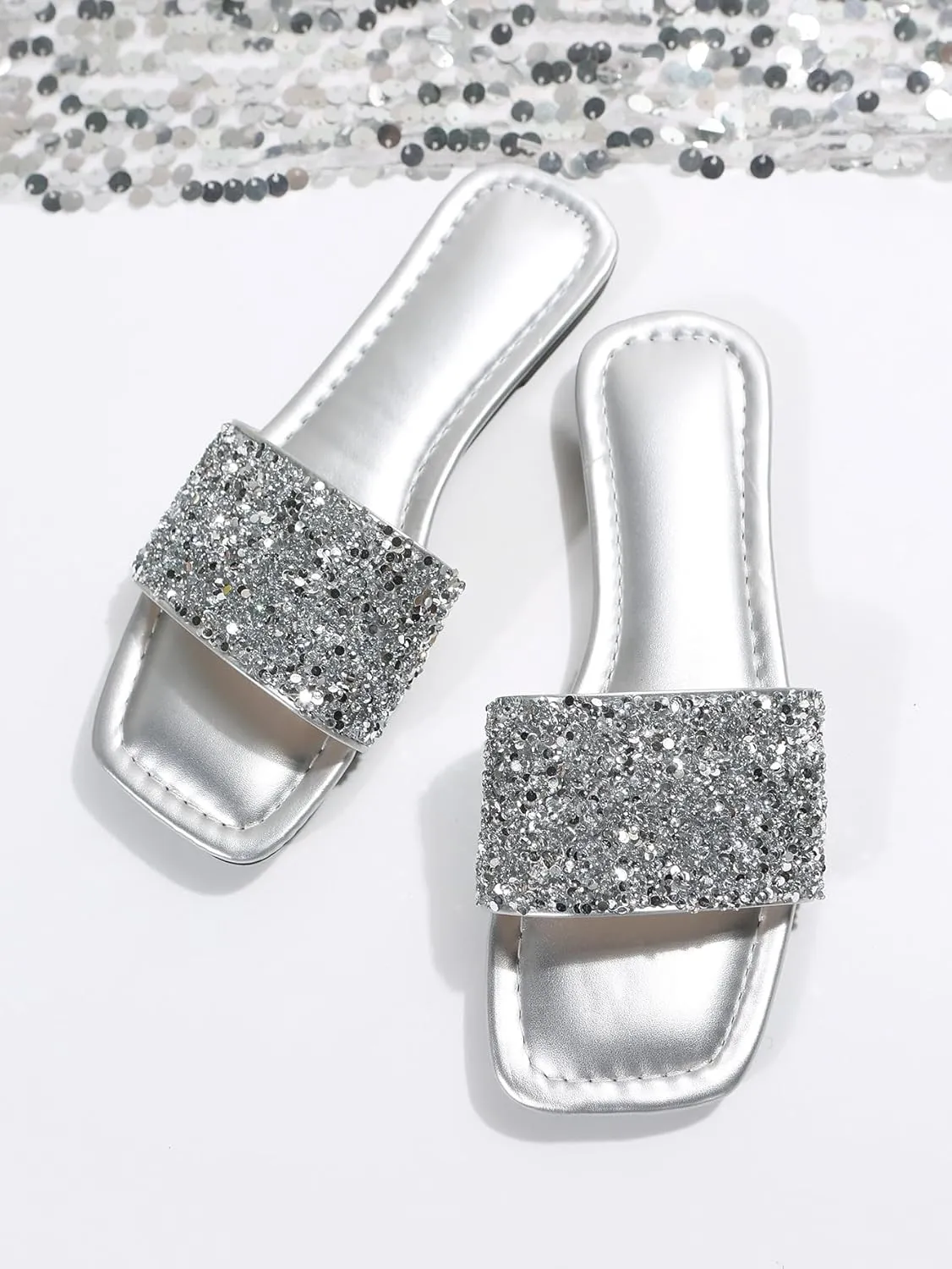 GORGLITTER Women's Rhinestone Sandals Glitter Strappy Sequin Shoes Square Toe Slide Flat Sandals