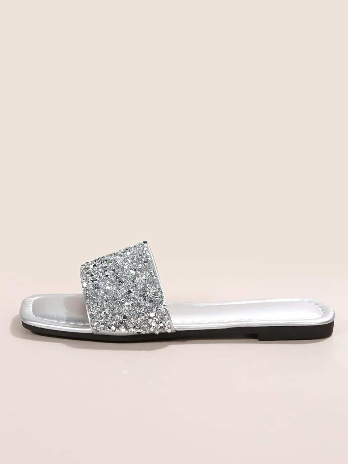 GORGLITTER Women's Rhinestone Sandals Glitter Strappy Sequin Shoes Square Toe Slide Flat Sandals
