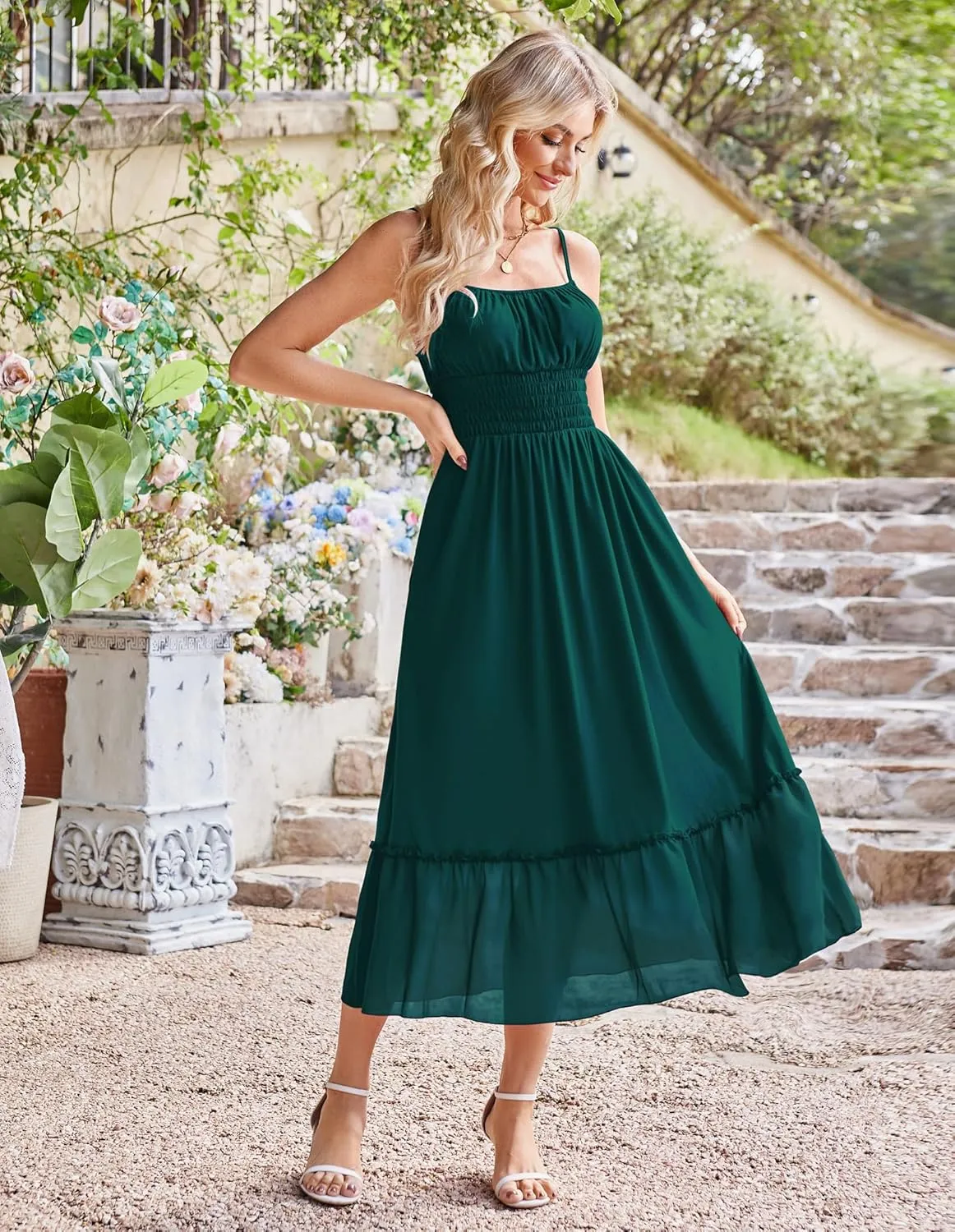 GRACE KARIN Womens 2025 Summer Dress Casual Sleeveless Spaghetti Strap Smocked Ruffle Beach Long Maxi Dress with Pockets