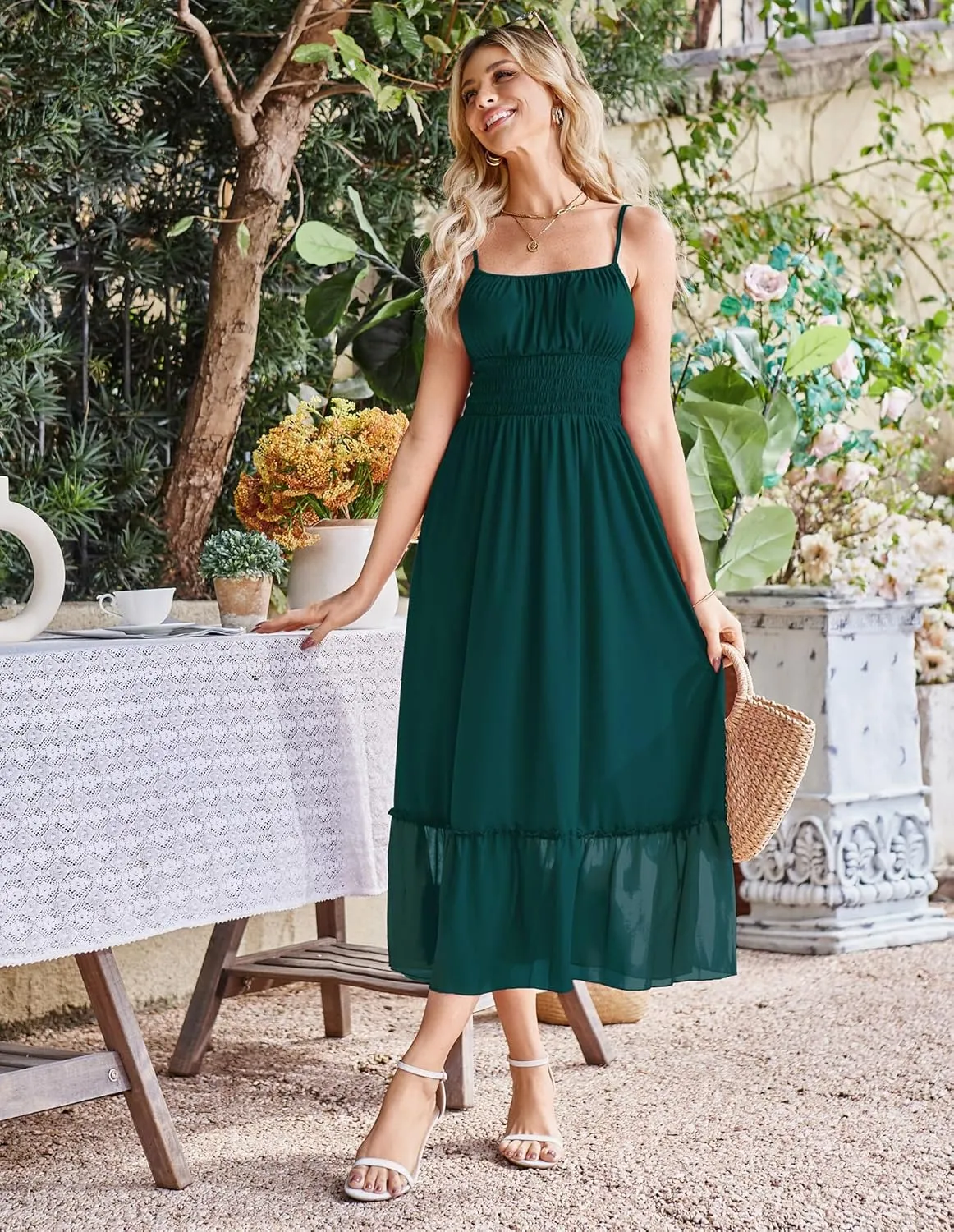 GRACE KARIN Womens 2025 Summer Dress Casual Sleeveless Spaghetti Strap Smocked Ruffle Beach Long Maxi Dress with Pockets