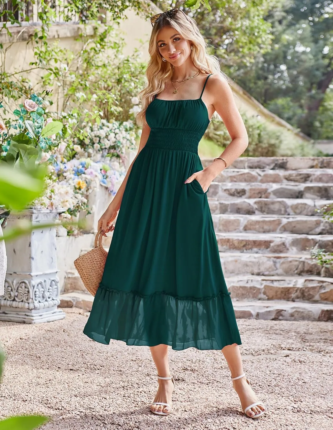 GRACE KARIN Womens 2025 Summer Dress Casual Sleeveless Spaghetti Strap Smocked Ruffle Beach Long Maxi Dress with Pockets