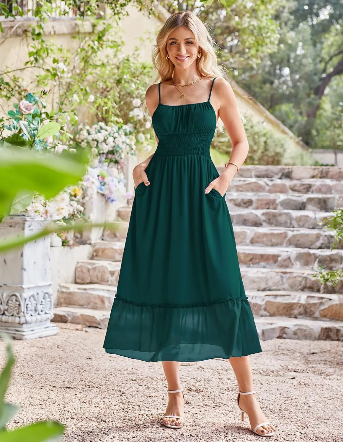 GRACE KARIN Womens 2025 Summer Dress Casual Sleeveless Spaghetti Strap Smocked Ruffle Beach Long Maxi Dress with Pockets