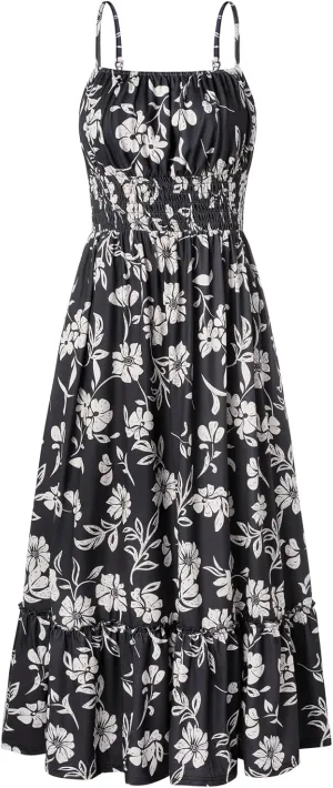 GRACE KARIN Womens 2025 Summer Maxi Dress Sleeveless Floral Spaghetti Strap Smocked Boho Beach Long Dress with Pockets