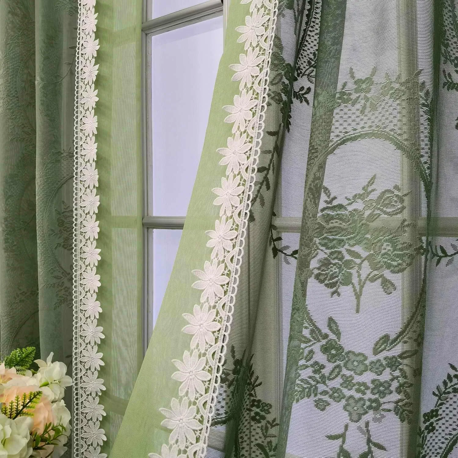 Green Curtain Sheer Curtain Bordered White Lace Trim for Living Room Bedroom Vintage Curtain Voile Farmhouse Curtain Grommet Drapes Window Treatment Set of 2 Panels,Each 78 x 102 inch Length