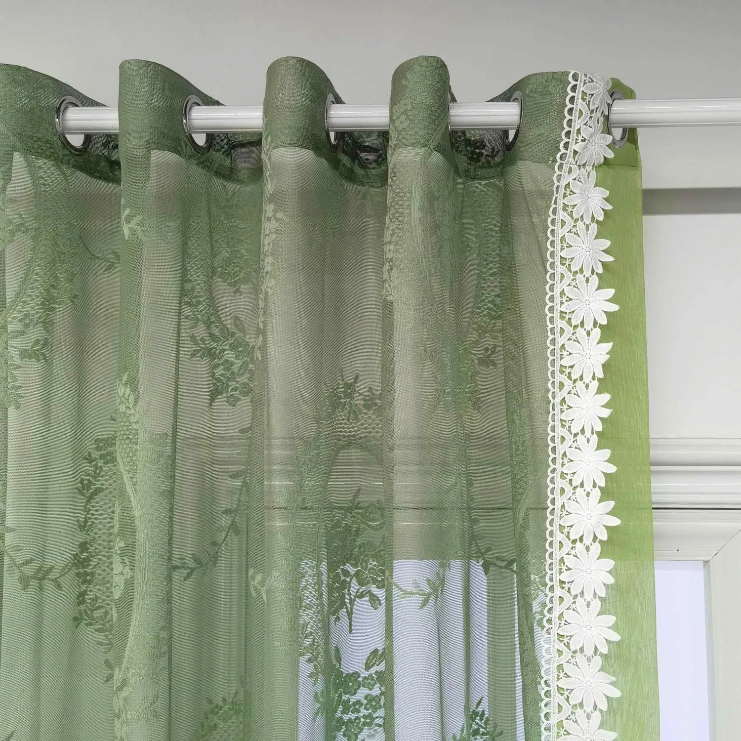 Green Curtain Sheer Curtain Bordered White Lace Trim for Living Room Bedroom Vintage Curtain Voile Farmhouse Curtain Grommet Drapes Window Treatment Set of 2 Panels,Each 78 x 102 inch Length