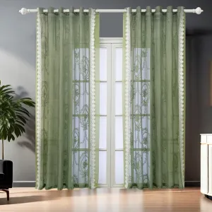 Green Curtain Sheer Curtain Bordered White Lace Trim for Living Room Bedroom Vintage Curtain Voile Farmhouse Curtain Grommet Drapes Window Treatment Set of 2 Panels,Each 78 x 102 inch Length
