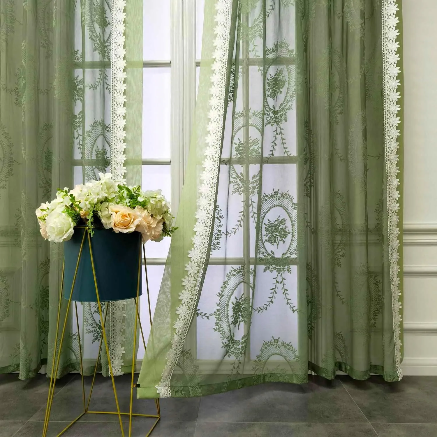 Green Curtain Sheer Curtain Bordered White Lace Trim for Living Room Bedroom Vintage Curtain Voile Farmhouse Curtain Grommet Drapes Window Treatment Set of 2 Panels,Each 78 x 102 inch Length