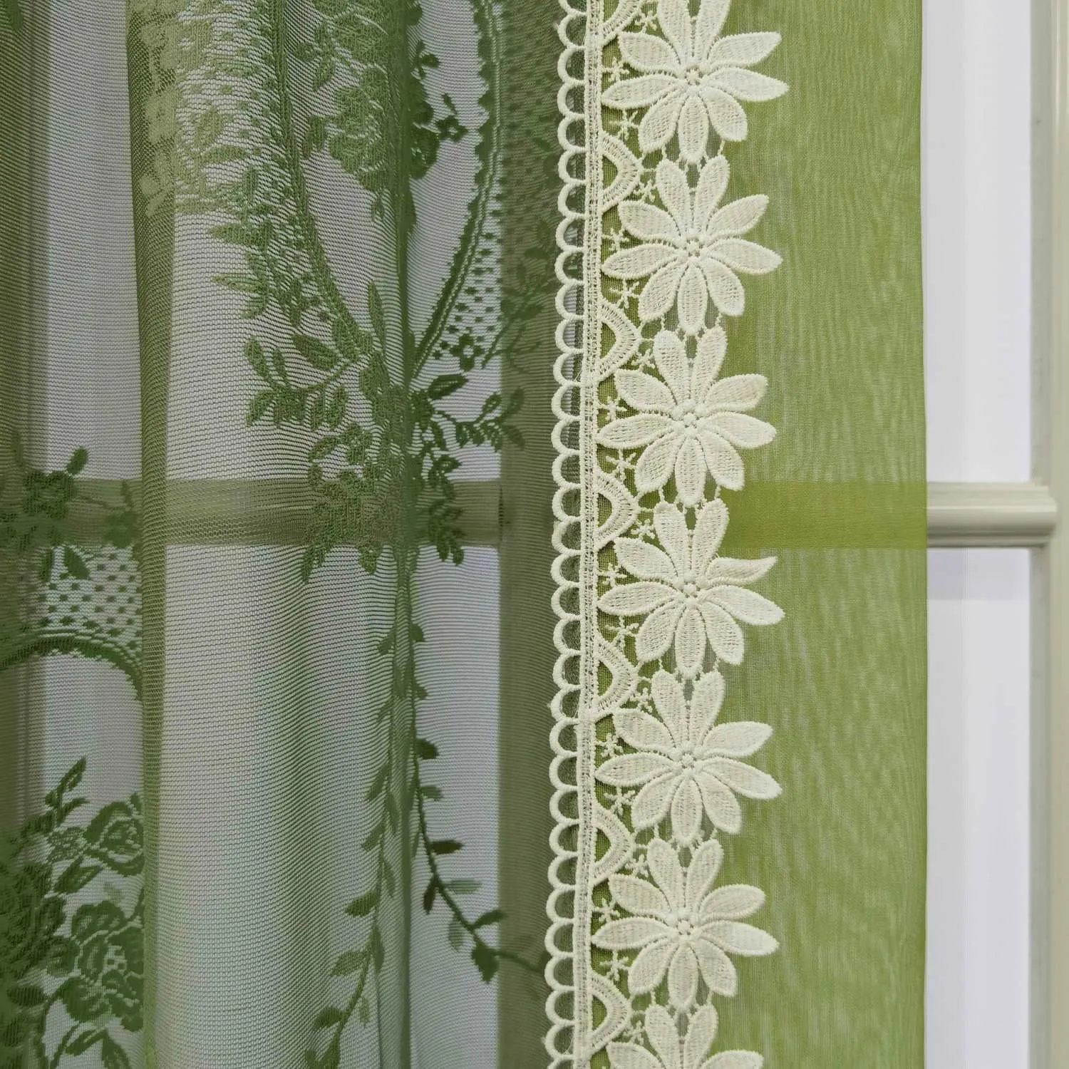 Green Curtain Sheer Curtain Bordered White Lace Trim for Living Room Bedroom Vintage Curtain Voile Farmhouse Curtain Grommet Drapes Window Treatment Set of 2 Panels,Each 78 x 102 inch Length
