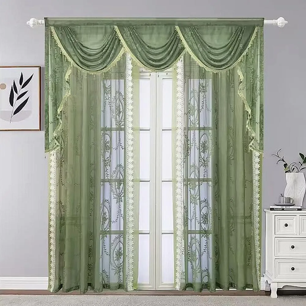 Green Curtain Sheer Curtain Bordered White Lace Trim for Living Room Bedroom Vintage Curtain Voile Farmhouse Curtain Grommet Drapes Window Treatment Set of 2 Panels,Each 78 x 102 inch Length