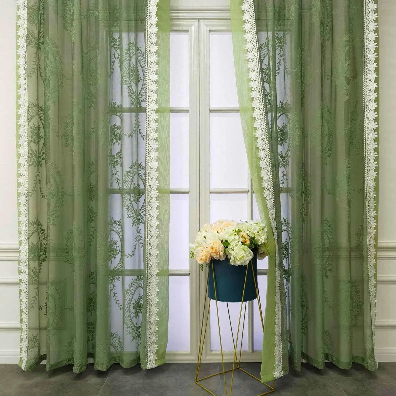 Green Curtain Sheer Curtain Bordered White Lace Trim for Living Room Bedroom Vintage Curtain Voile Farmhouse Curtain Grommet Drapes Window Treatment Set of 2 Panels,Each 78 x 102 inch Length