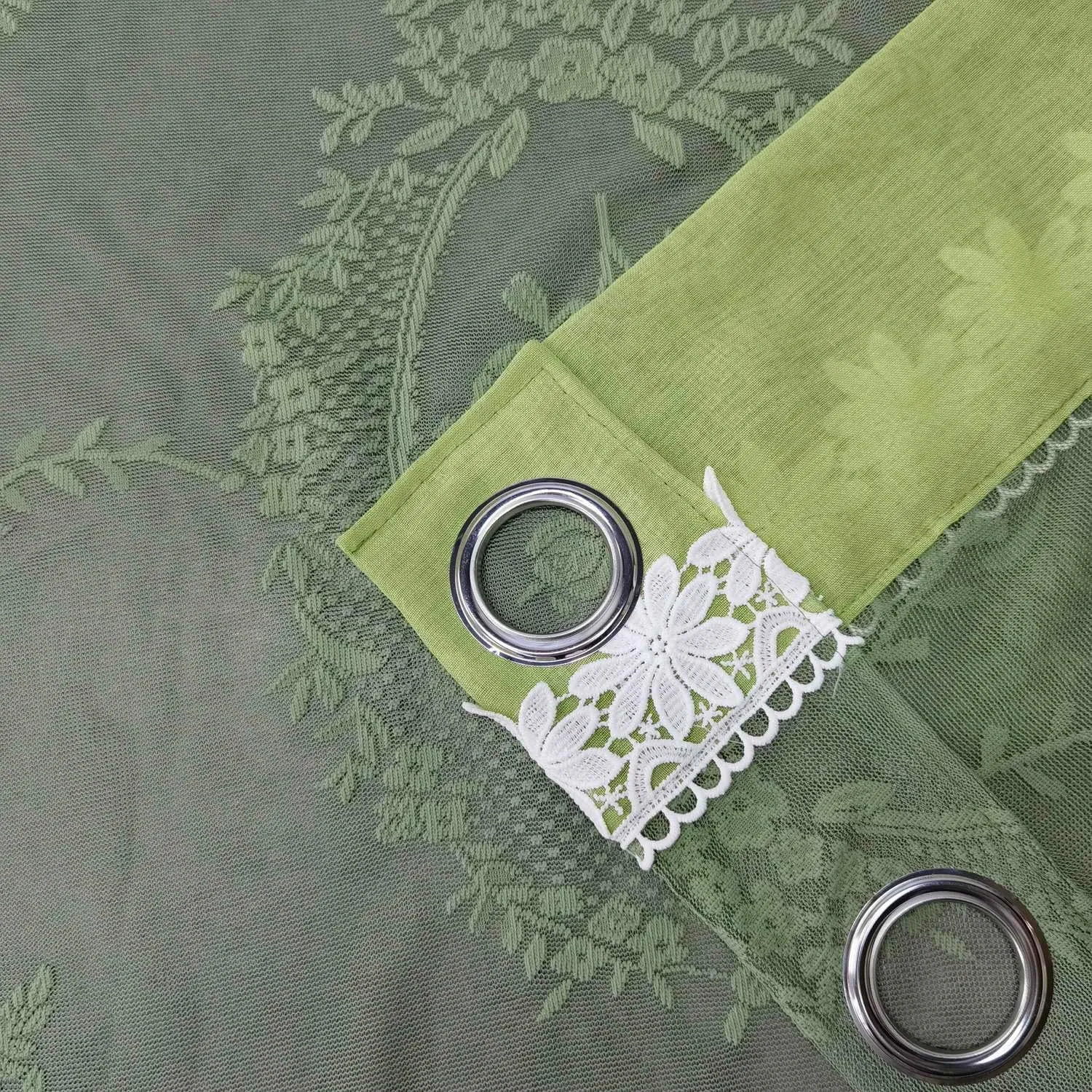 Green Curtain Sheer Curtain Bordered White Lace Trim for Living Room Bedroom Vintage Curtain Voile Farmhouse Curtain Grommet Drapes Window Treatment Set of 2 Panels,Each 78 x 102 inch Length