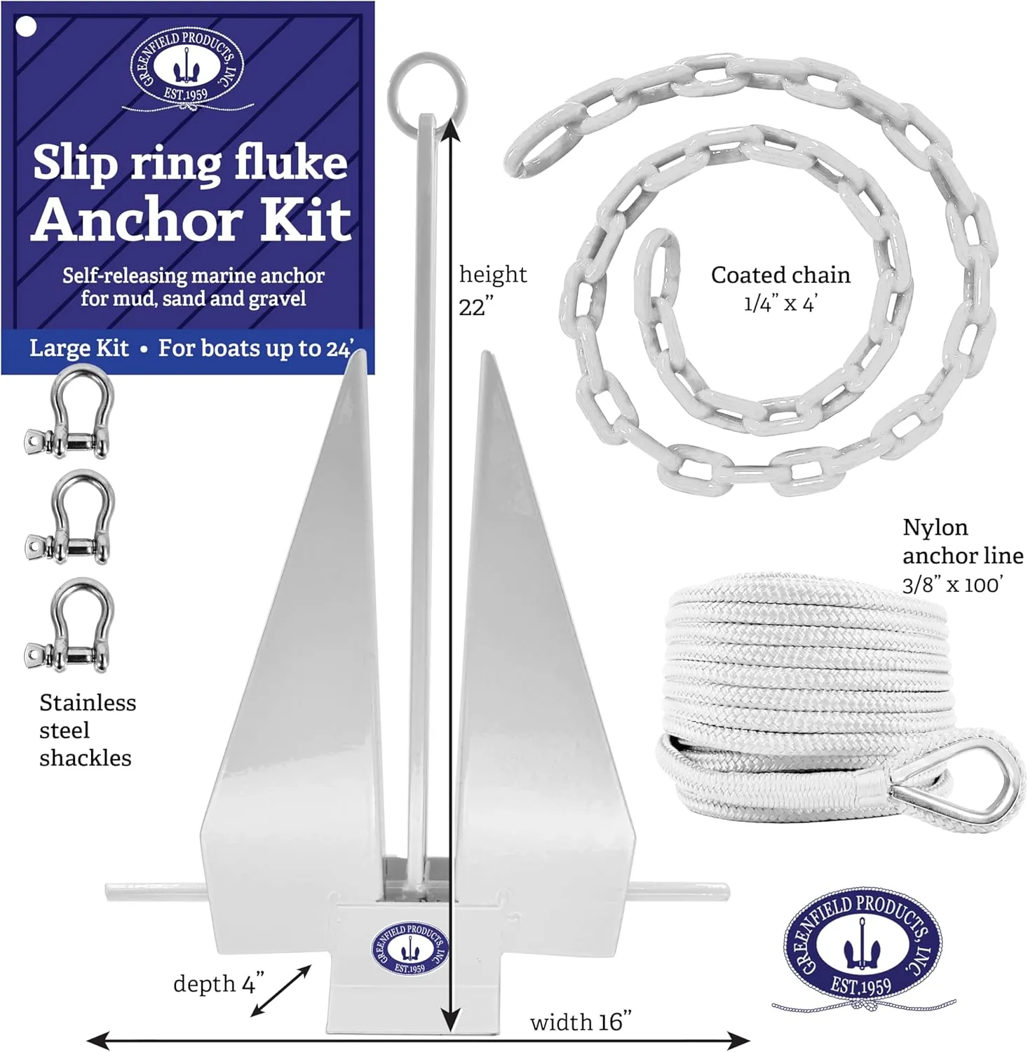 Greenfield Complete Fluke Anchor Kit – American-Made, Includes Chain, 100ft Rope & Shackles | Sizes for Boats up to 16' & 24'
