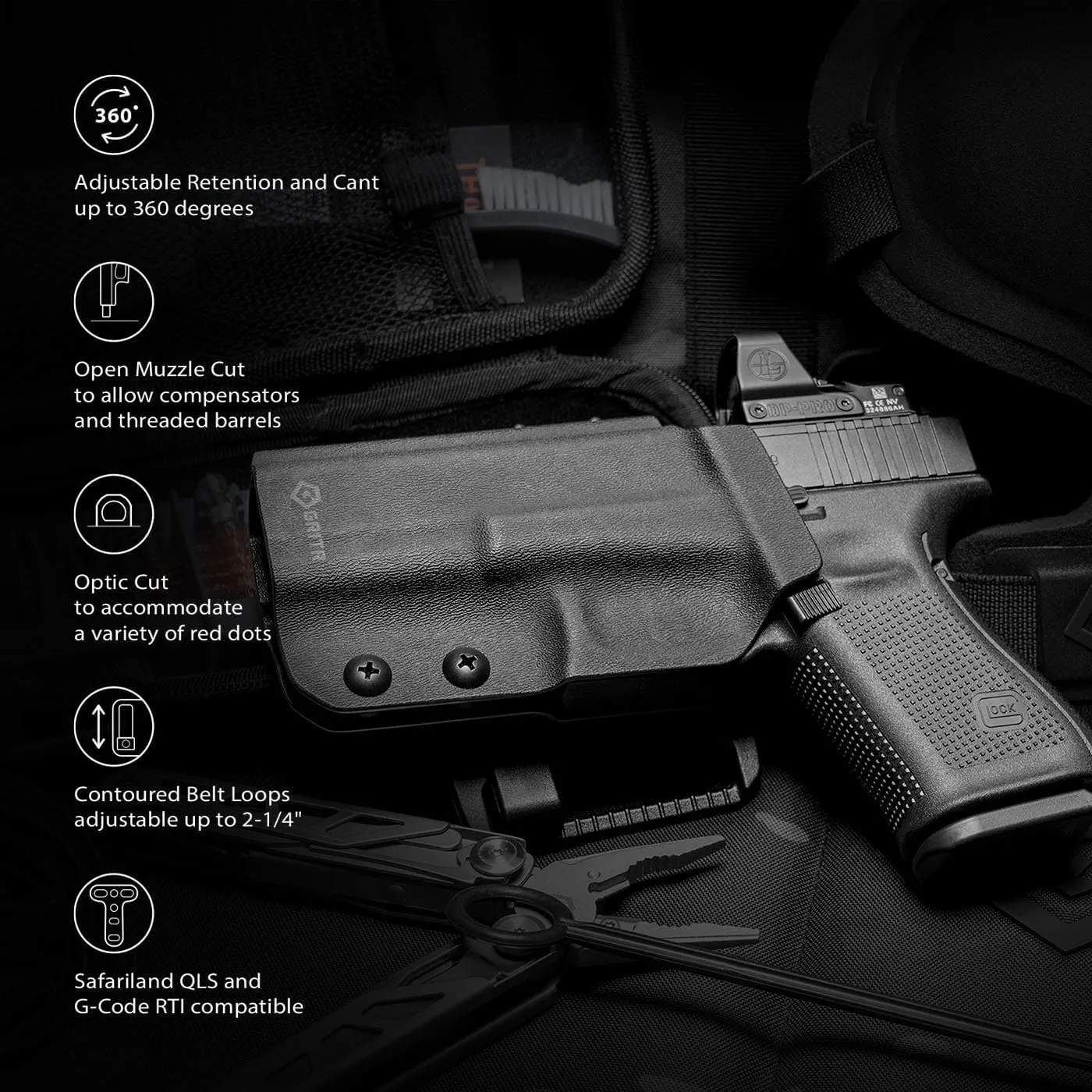 GRITR OWB Kydex Right/Left Hand Gun Holster Fits Glock 19 - Optic Cut, Compatible with Safariland QLS/G-Code RTI Attachments, Adjustable Belt Loops, Open Bottom, Adjustable Cant