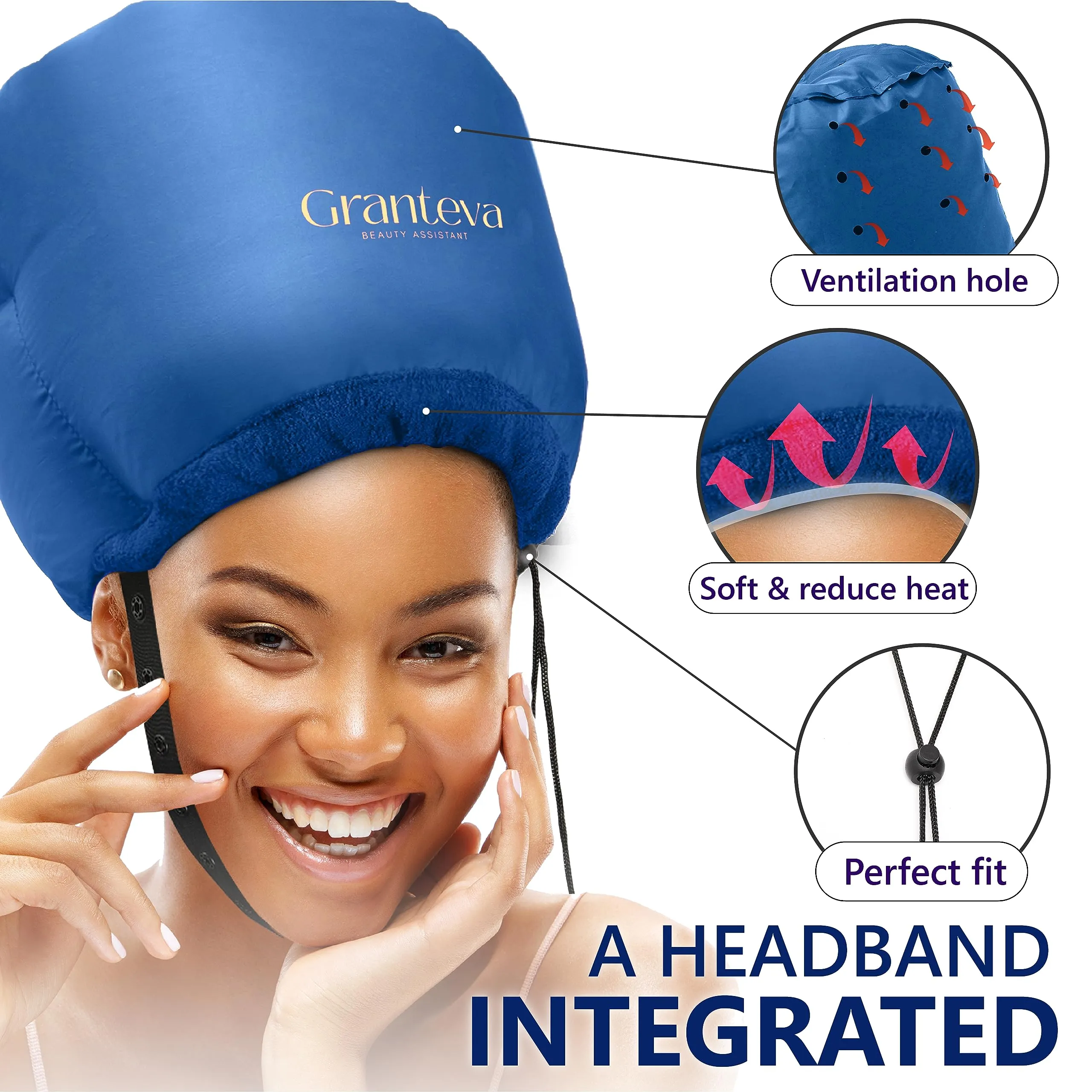 Hair Dryer Bonnet with Integrated Headband - Reduces Heat Around Ears & Neck, Blow Dryer Attachment for Faster Drying, Hair Drying Cap/Hood - Set of 2