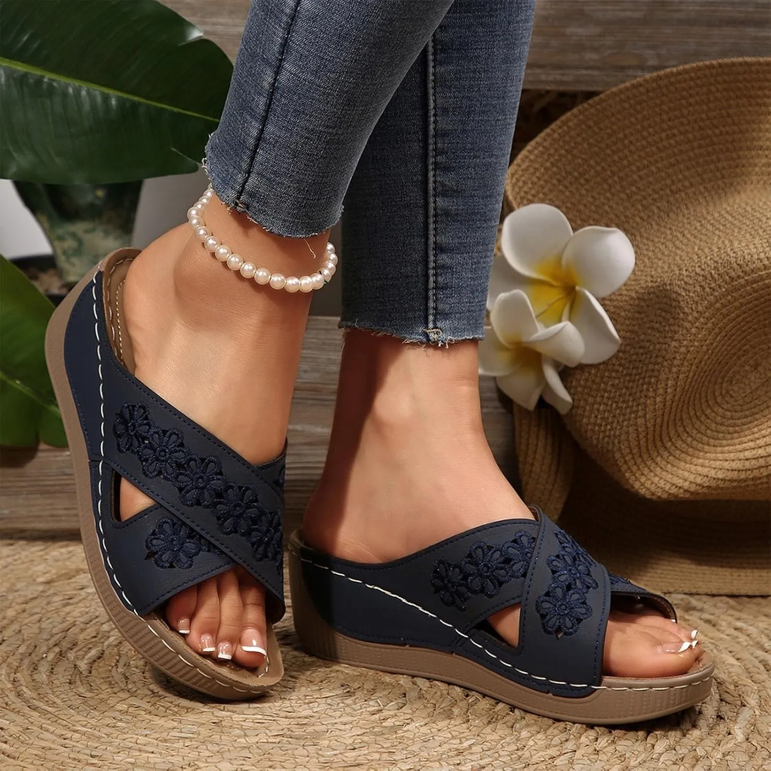 Handmade Orthopedic Shoes for Women Summer Dressy Ladies Sandals Criss Cross Hollow Slipper Comfy Arch Support Wedge