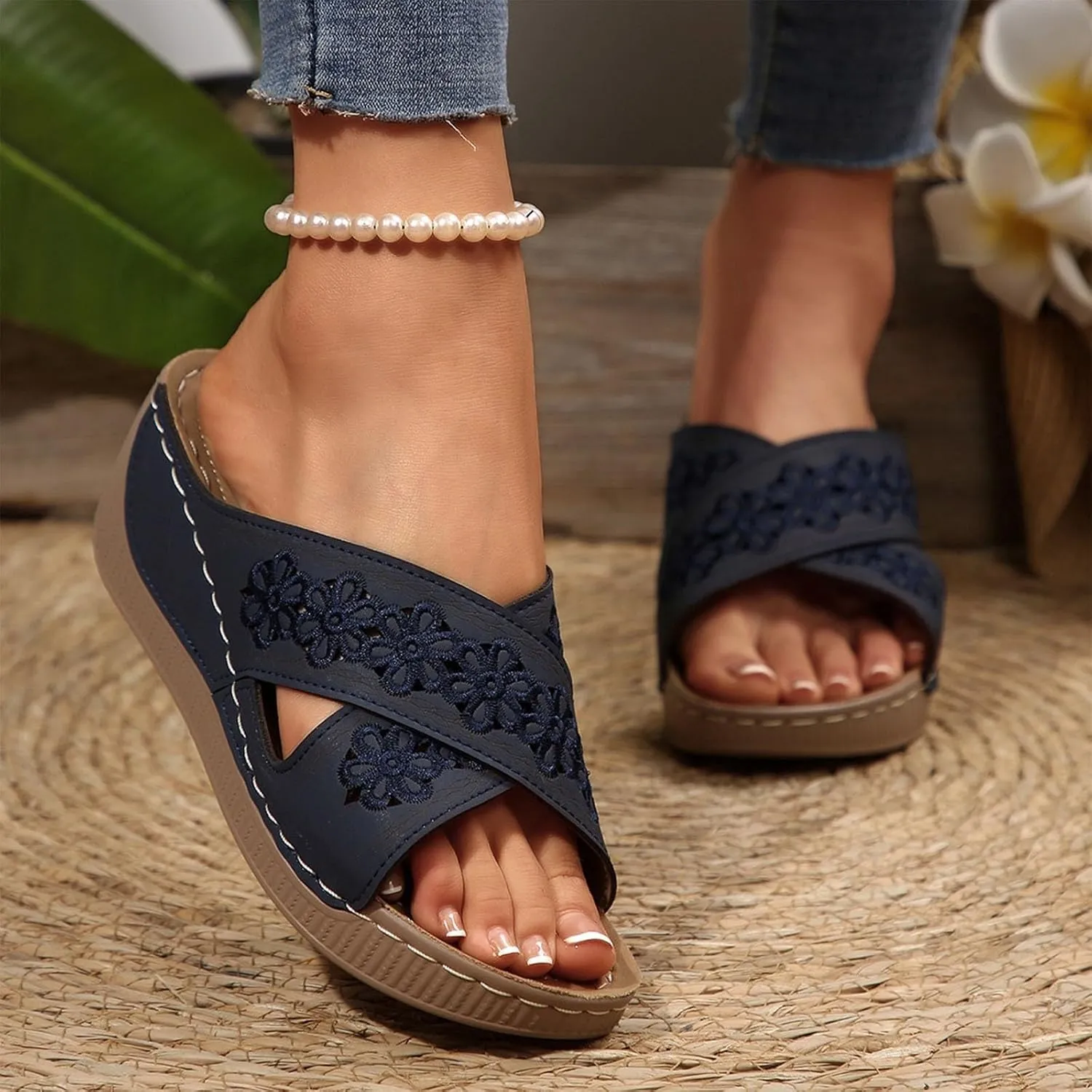Handmade Orthopedic Shoes for Women Summer Dressy Ladies Sandals Criss Cross Hollow Slipper Comfy Arch Support Wedge
