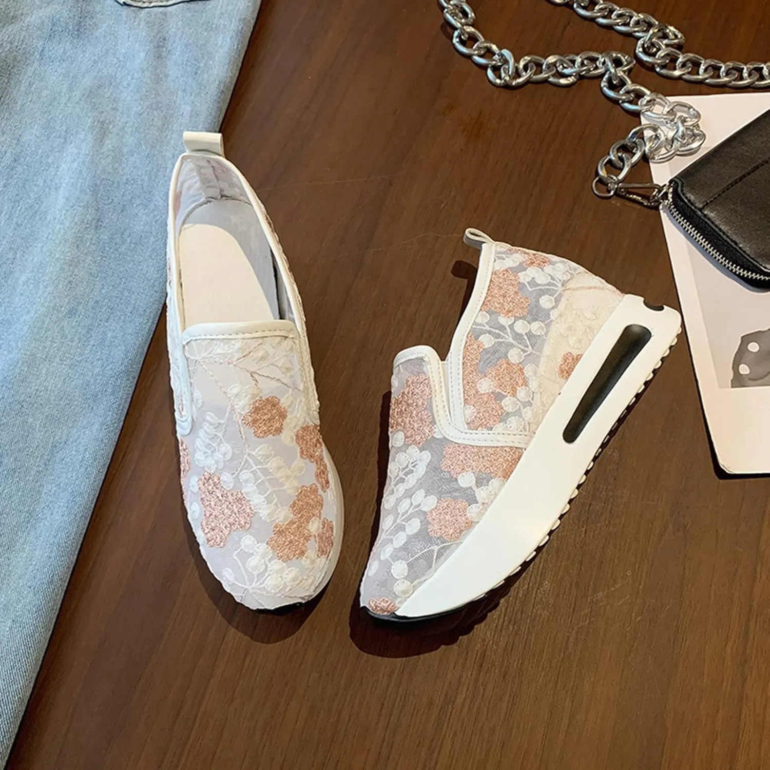 Hbeylia Platform Wedge Fashion Sneakers for Women Embroidery Floral Mesh Air Lace Chunky Sole Hidden High Heels Slip On Loafers Walking Work Shoes Arch Support Low Top Play Sneakers Loafers