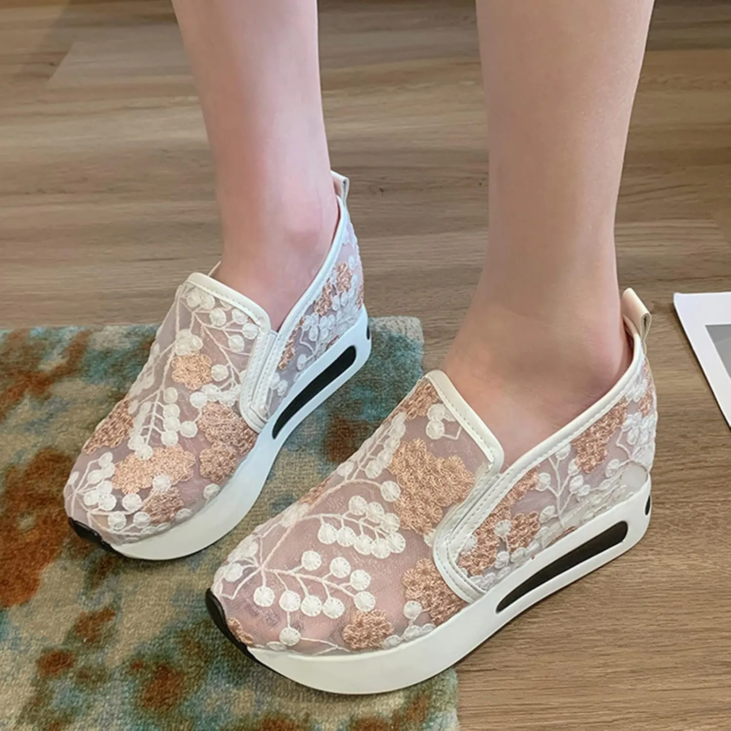 Hbeylia Platform Wedge Fashion Sneakers for Women Embroidery Floral Mesh Air Lace Chunky Sole Hidden High Heels Slip On Loafers Walking Work Shoes Arch Support Low Top Play Sneakers Loafers