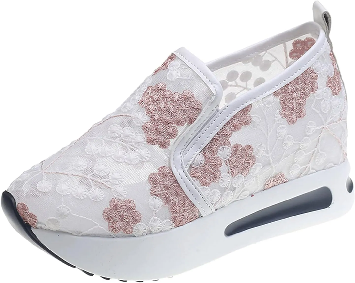 Hbeylia Platform Wedge Fashion Sneakers for Women Embroidery Floral Mesh Air Lace Chunky Sole Hidden High Heels Slip On Loafers Walking Work Shoes Arch Support Low Top Play Sneakers Loafers