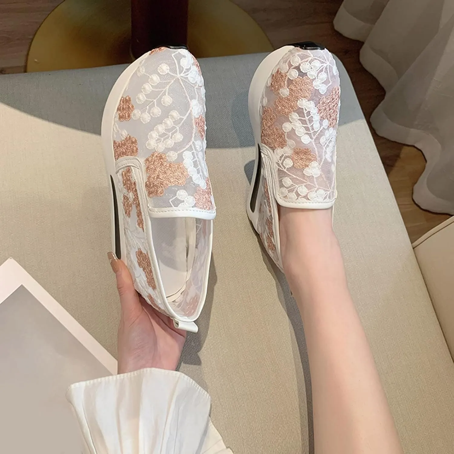 Hbeylia Platform Wedge Fashion Sneakers for Women Embroidery Floral Mesh Air Lace Chunky Sole Hidden High Heels Slip On Loafers Walking Work Shoes Arch Support Low Top Play Sneakers Loafers